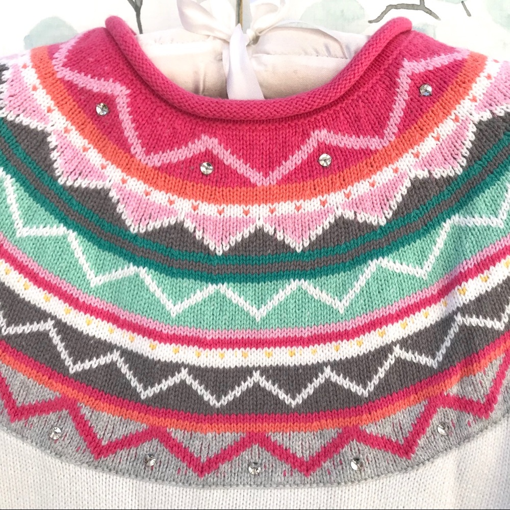 Gymboree Kids Fair Isle White Pink Green Knit Sweater with Tie & Tassels - Picture 2 of 7